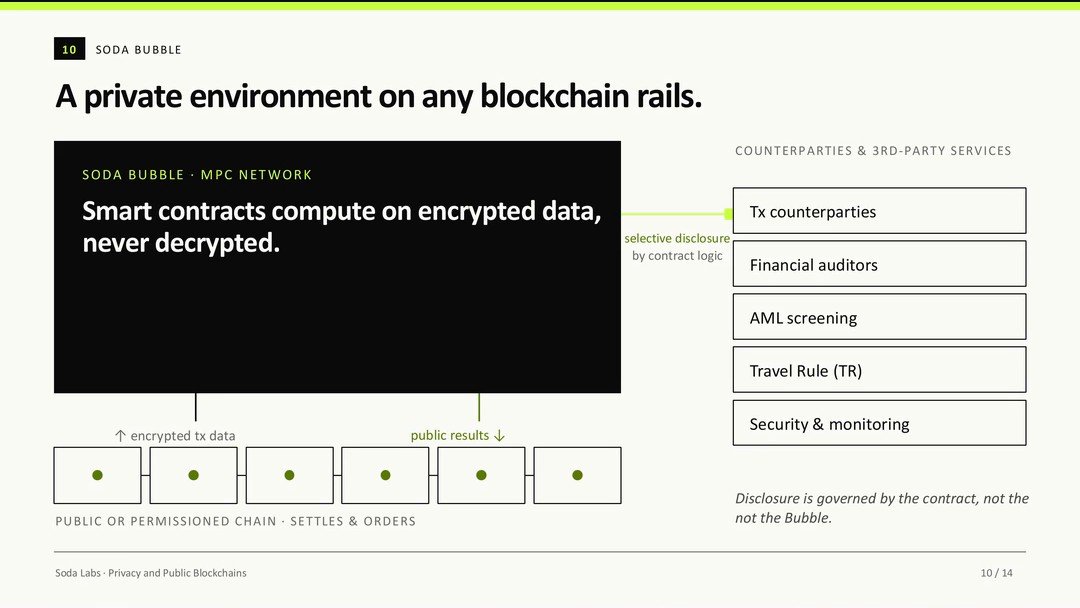 A private environment on existing EVM chains: contracts compute on encrypted data, with selective disclosure to auditors, AML screening, Travel Rule and security monitoring