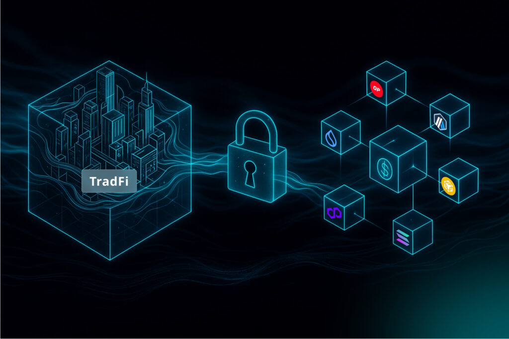TradFi connected by a padlock to a collection of DeFi dApps