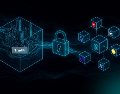 TradFi connected by a padlock to a collection of DeFi dApps